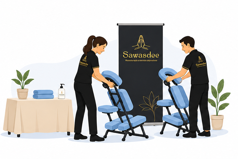 Equipe da Sawasdee montando as cadeiras de massagem no local do evento